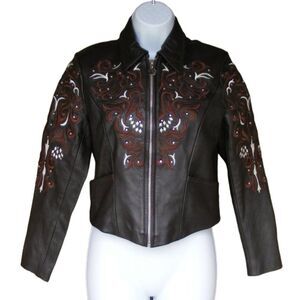ORIGINALES D'ROAN Leather Jacket, S, Embroidered, Brown, Zipper, Pockets